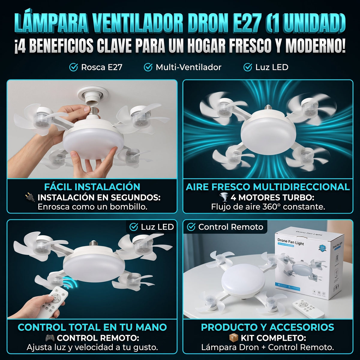 AEROLIGHT DRONE™ Lámpara LED con Ventilador Múltiple Estilo Dron - LA SEGUNDA UNIDAD POR SOLO + Q179.90